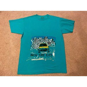 Vintage Painted New York City Teal T-Shirt Size Large Made In USA 100% Cotton